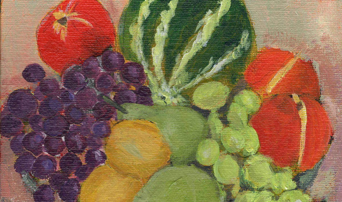 A painterly bowl of fruit featuring grapes, lemons, pears, peaches, and a watermelon sit on a platter and dominate the focal point.