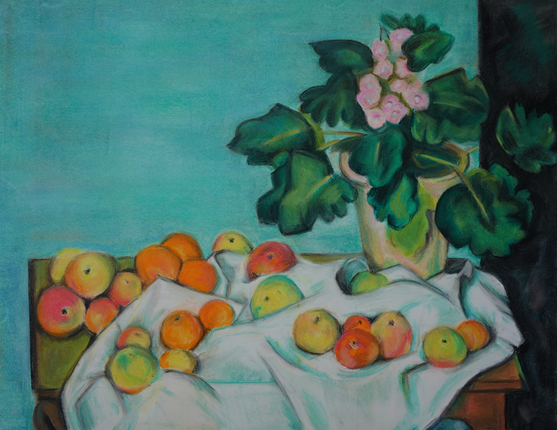 Master Copy of Still Life with Apples and a 
Pot of Primrose by Paul Cezanne c. 1890. © Julia Tentzerakis, 2021. Chalk pastel on paper, 16”x20.”